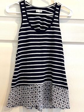 MAISON JULES Navy and White Striped Tank with Printed Hem